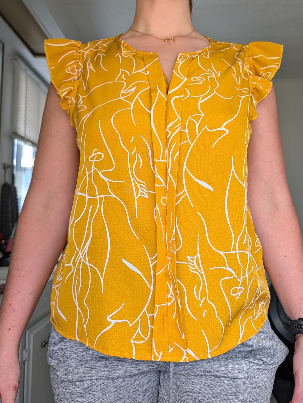 SHEIN Yellow Flutter Sleeve Abstract Line Blouse